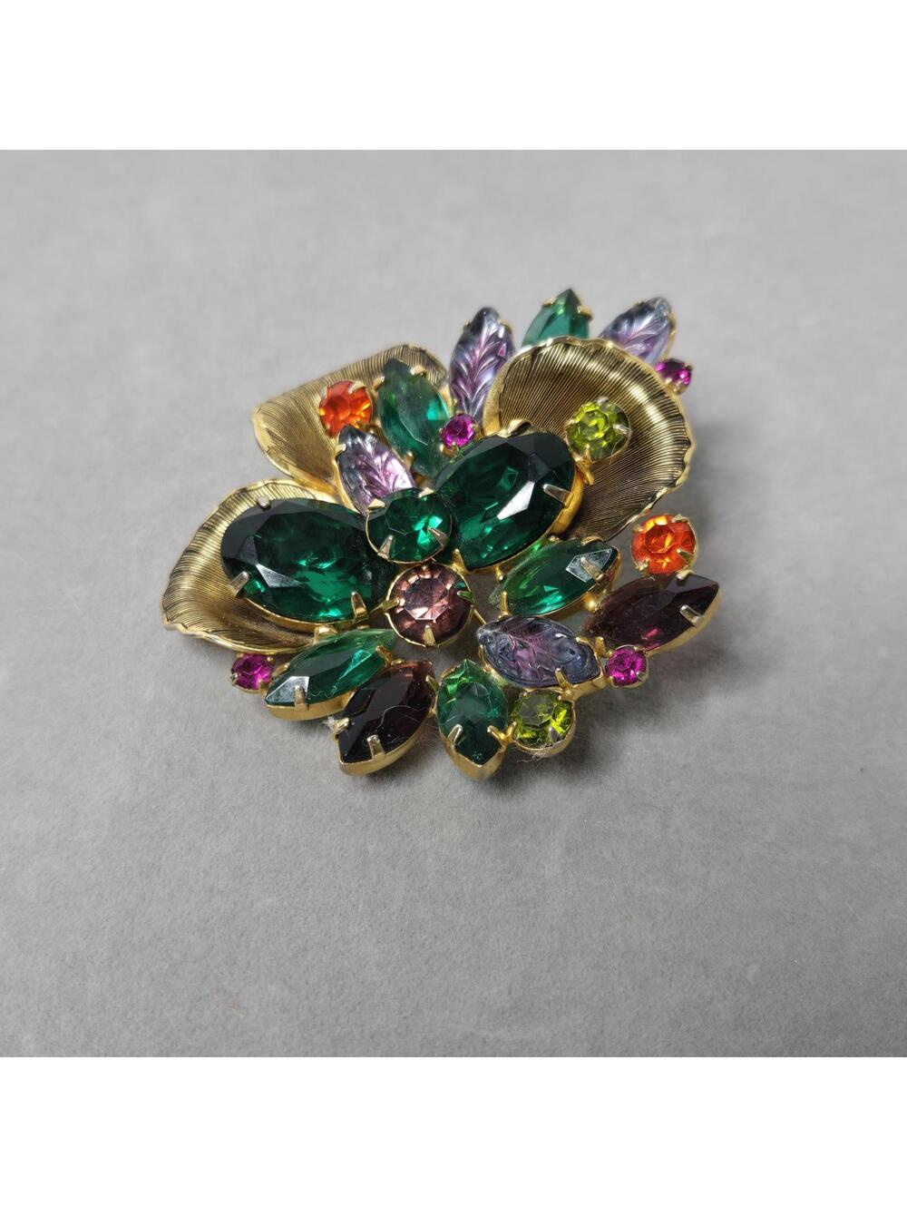 Vintage Brooch Gold Tone Fruit Salad Molded Glass Rhinestones